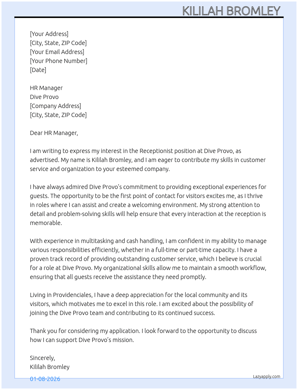 Receptionist  At Dive Provo Cover Letter