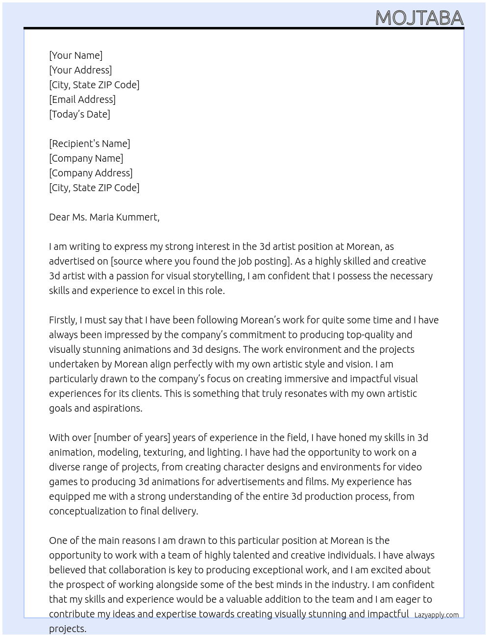 3d artist At Morean Cover Letter