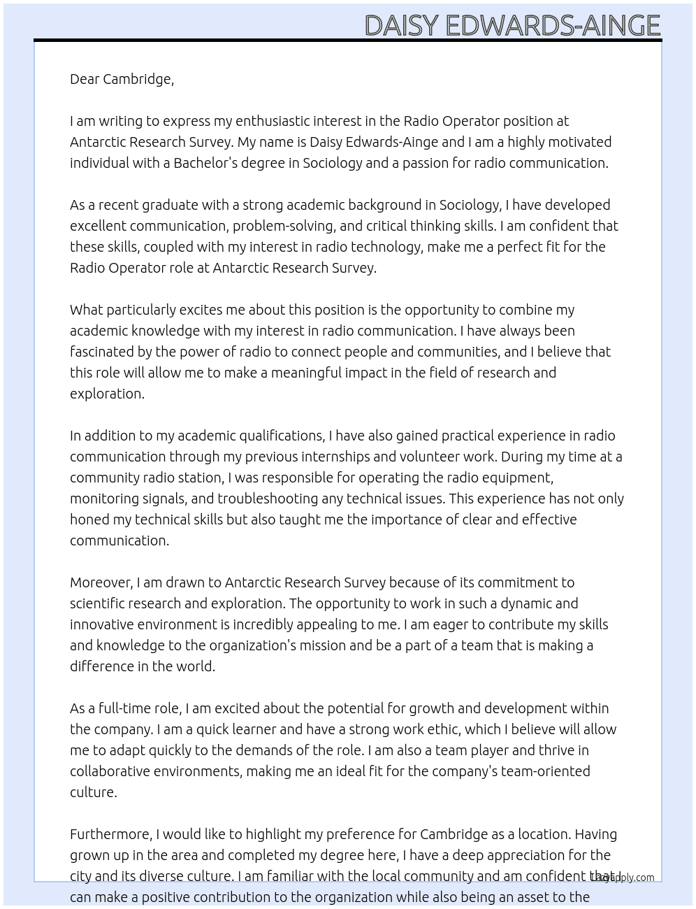 Radio operator  At Antarctic research survey  Cover Letter