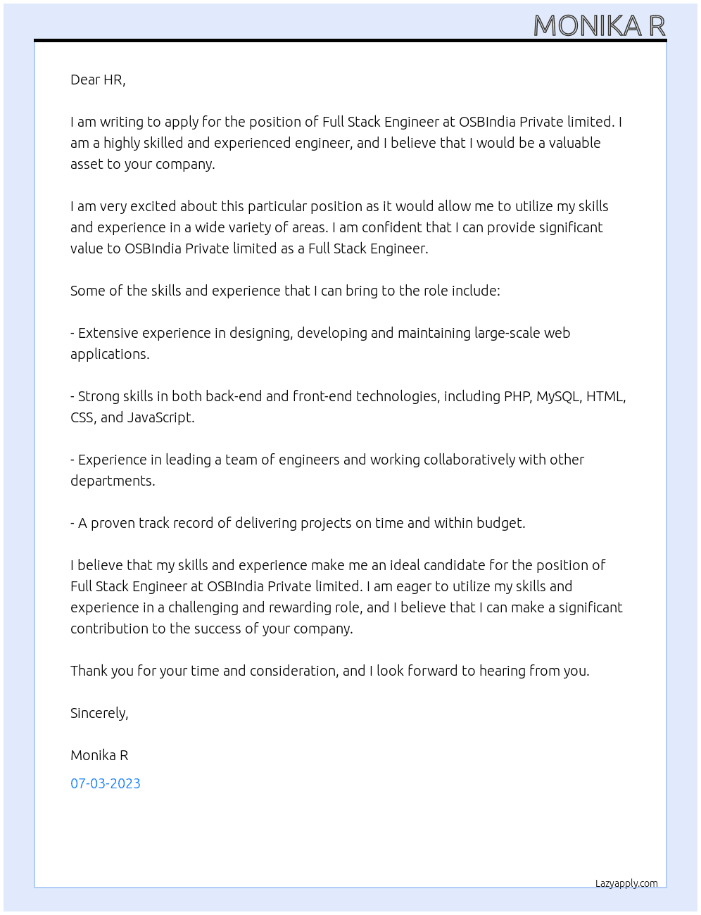 Full stack engineer  At OSBIndia Private limited Cover Letter
