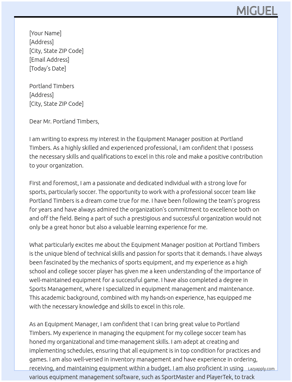 Equipment Manager At Portland Timbers Cover Letter