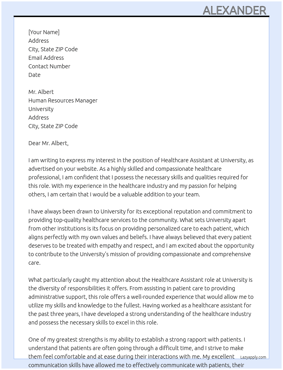 Healthcare assistant  At University  Cover Letter