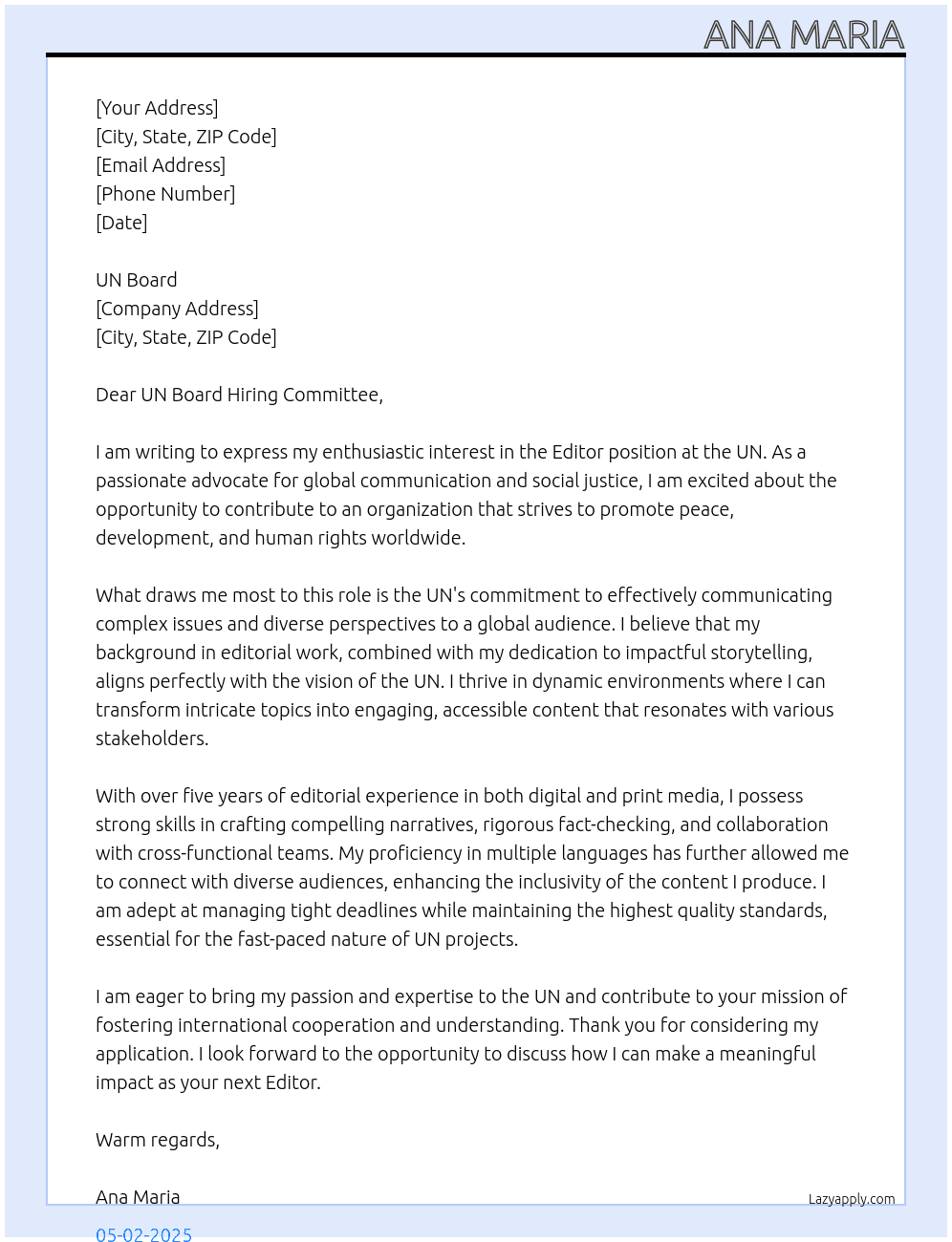 Editor At UN Cover Letter