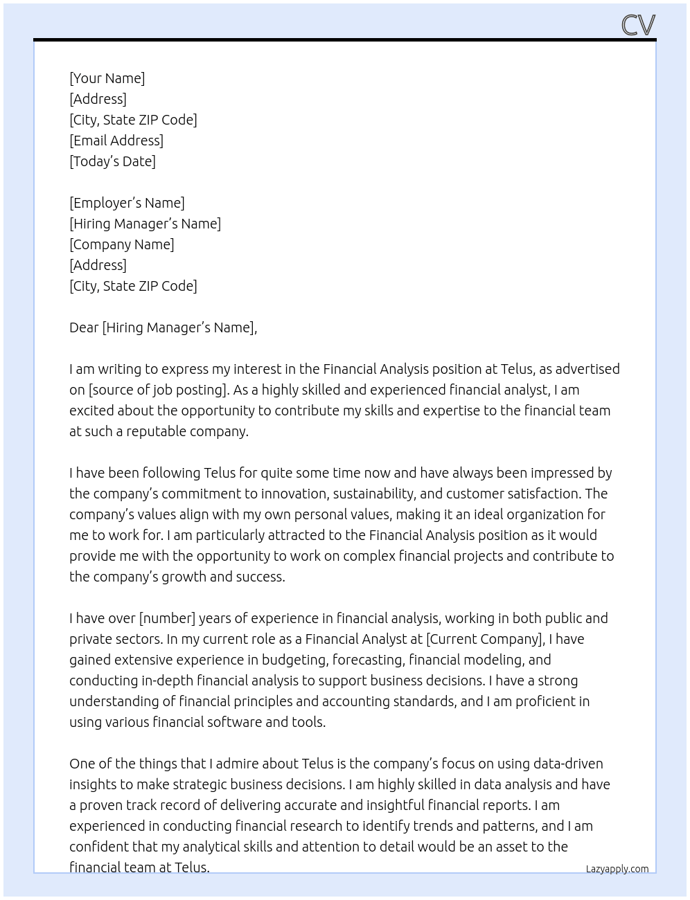 Financial Analysis At Telus Cover Letter