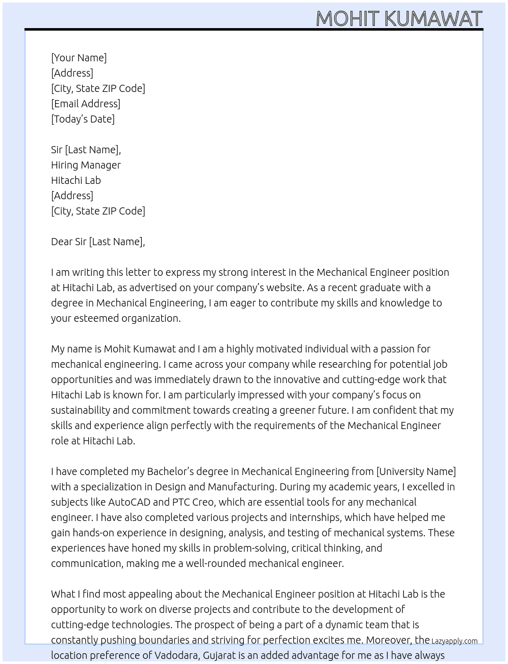Mechanical Engineer At HITACHI LAB Cover Letter