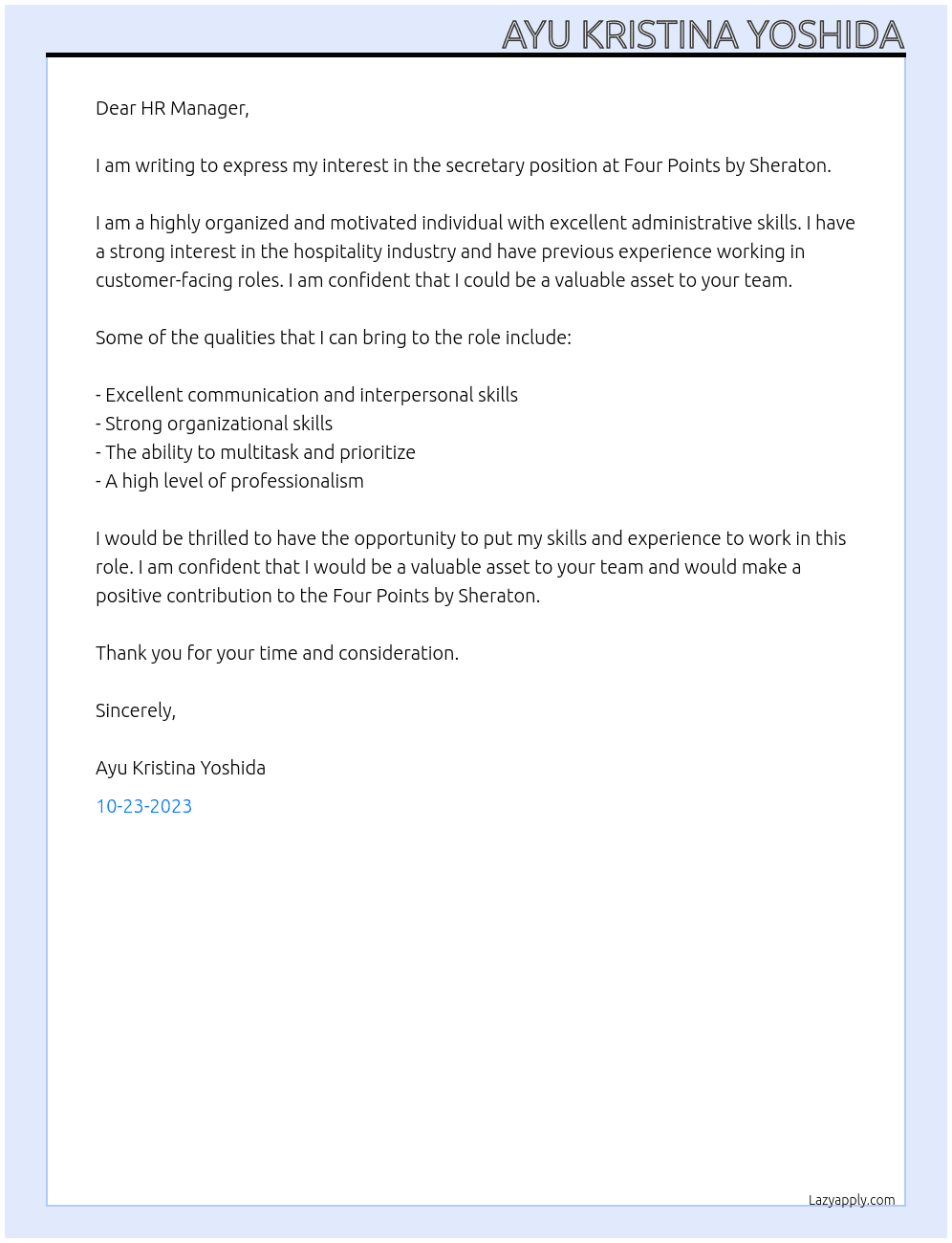Secretary At Four Points by Sheraton Cover Letter