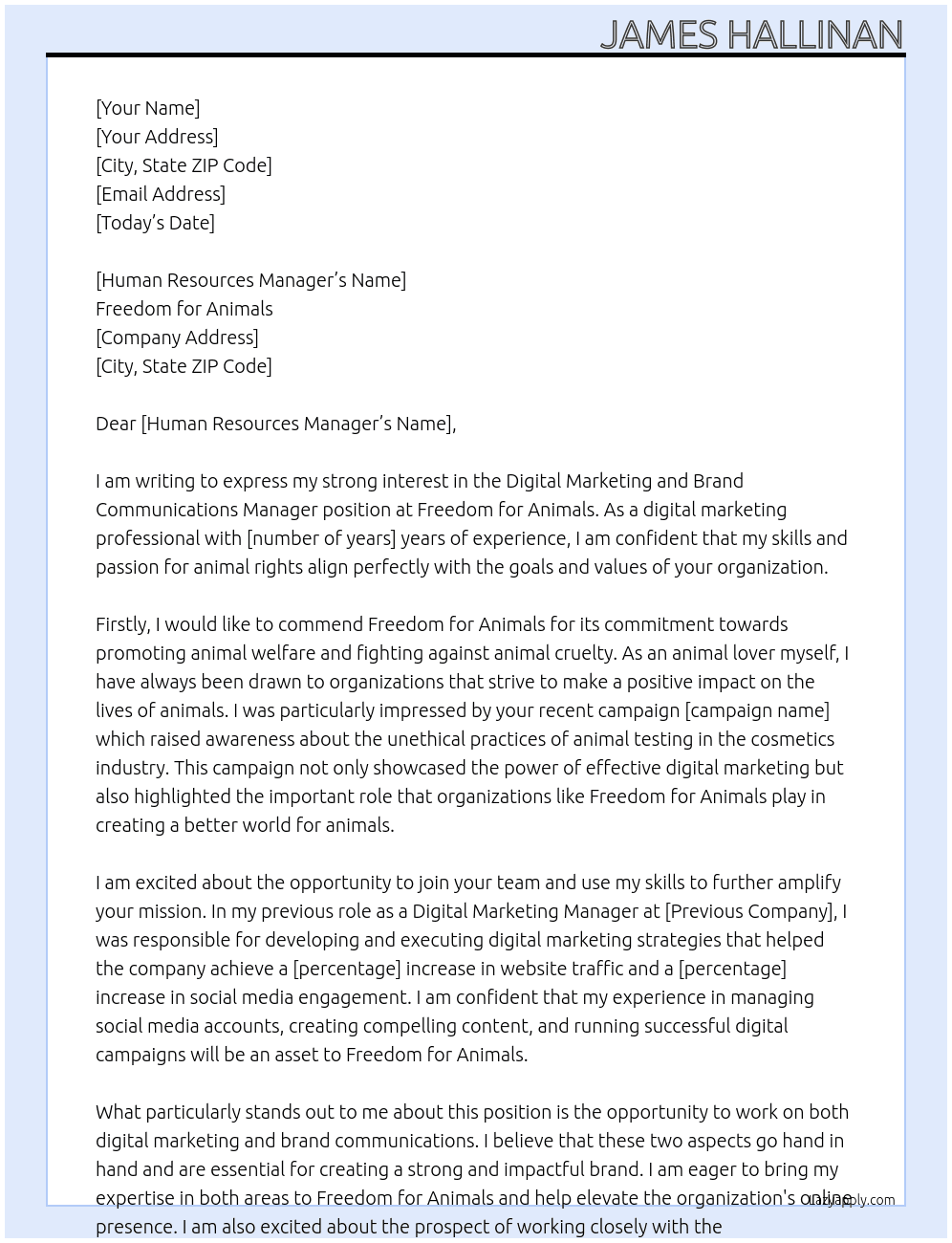  Digital Marketing and Brand Communications Manager At Freedom for Animals Cover Letter