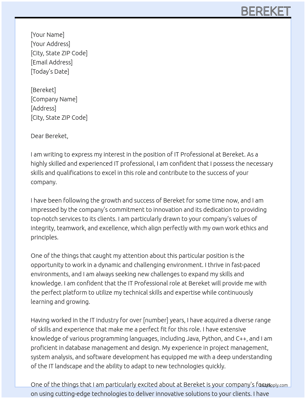 IT Professional At bereket Cover Letter