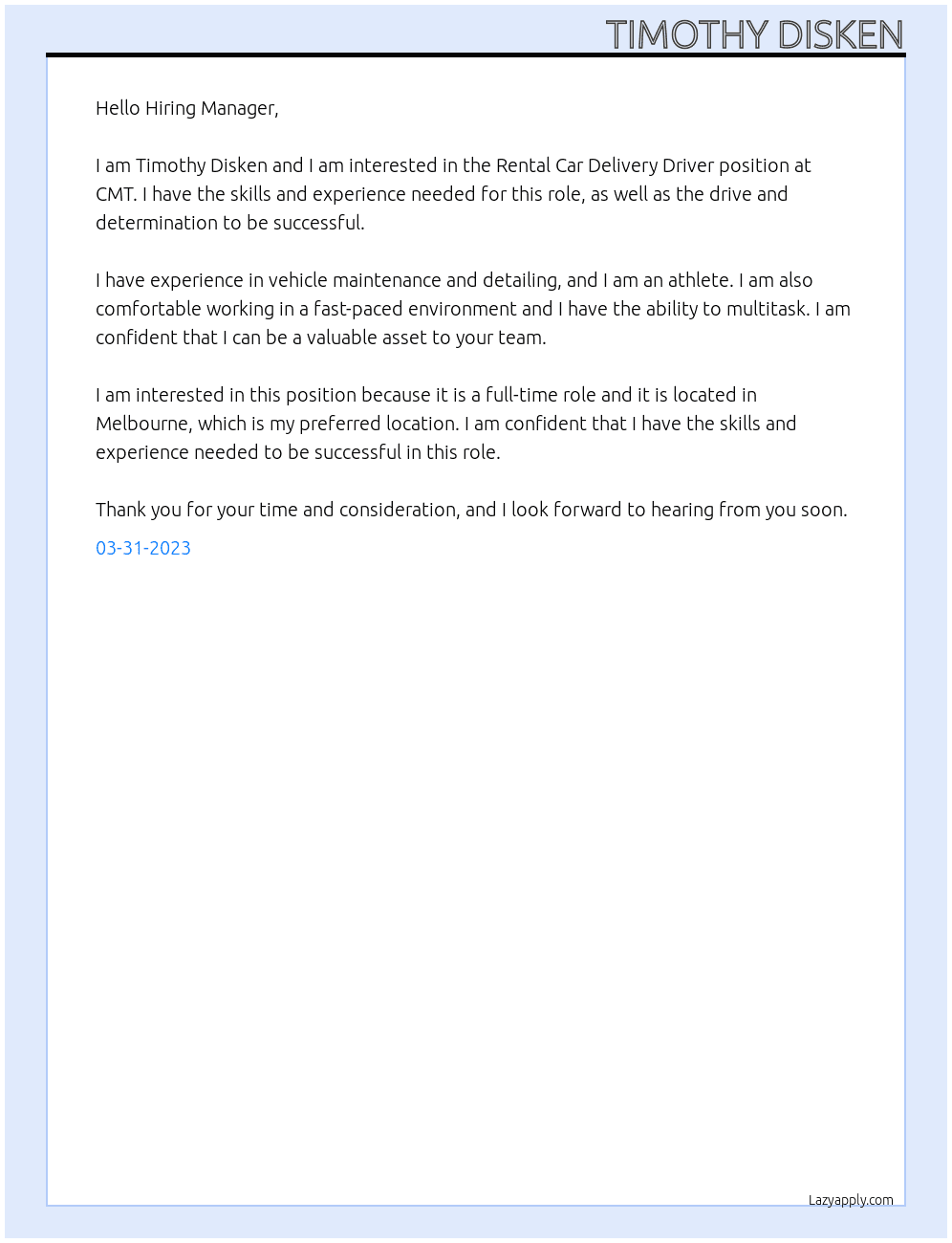 Rental Car Deliver Driver At CMT Cover Letter