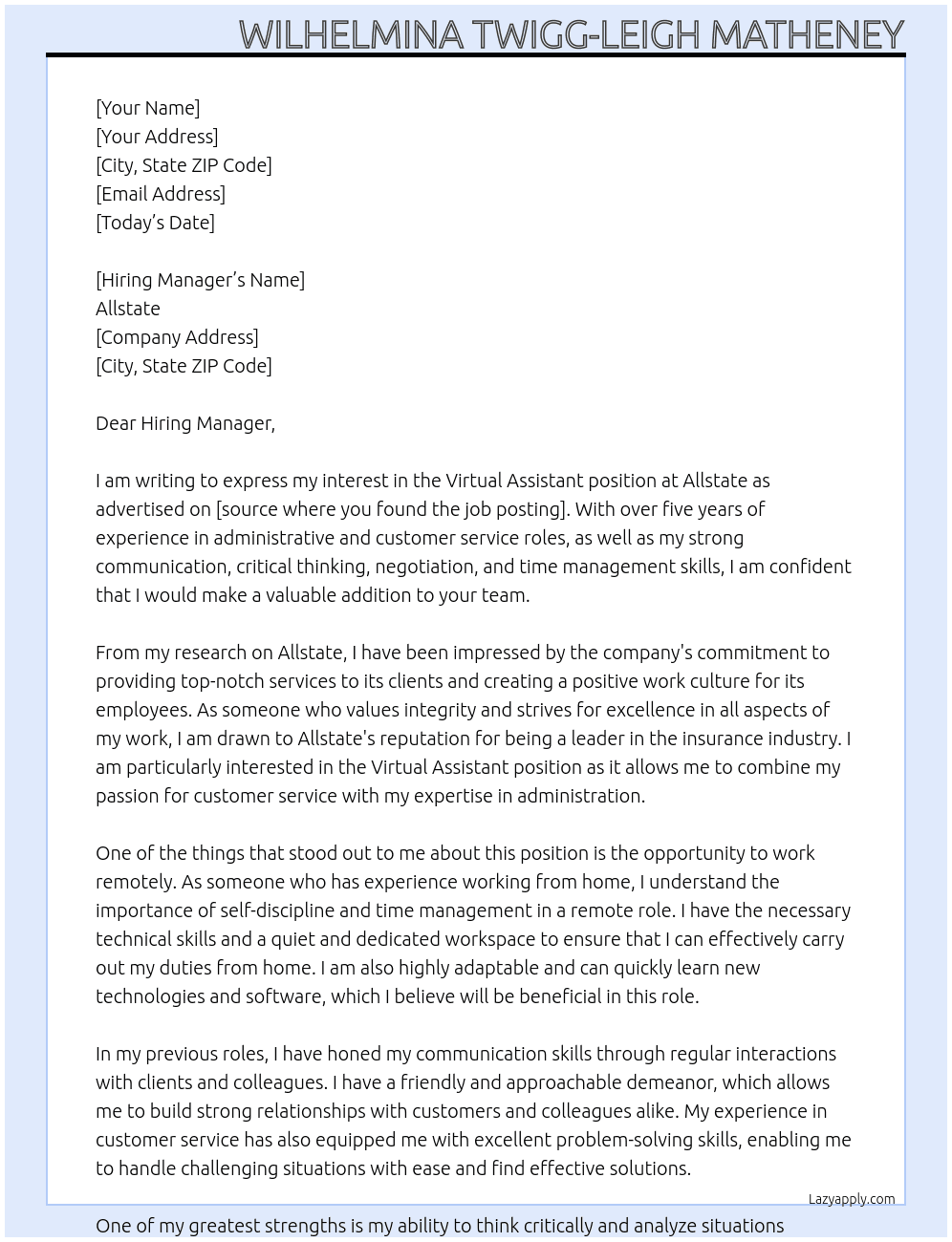 Virtual Assist At Allstate Cover Letter