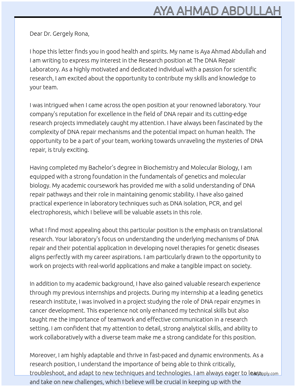 Research At The DNA Repair Laboratory Cover Letter