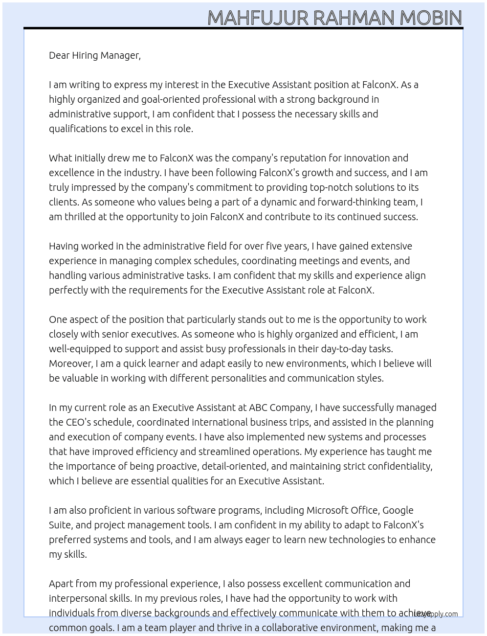 Executive Assistant  At FalconX Cover Letter