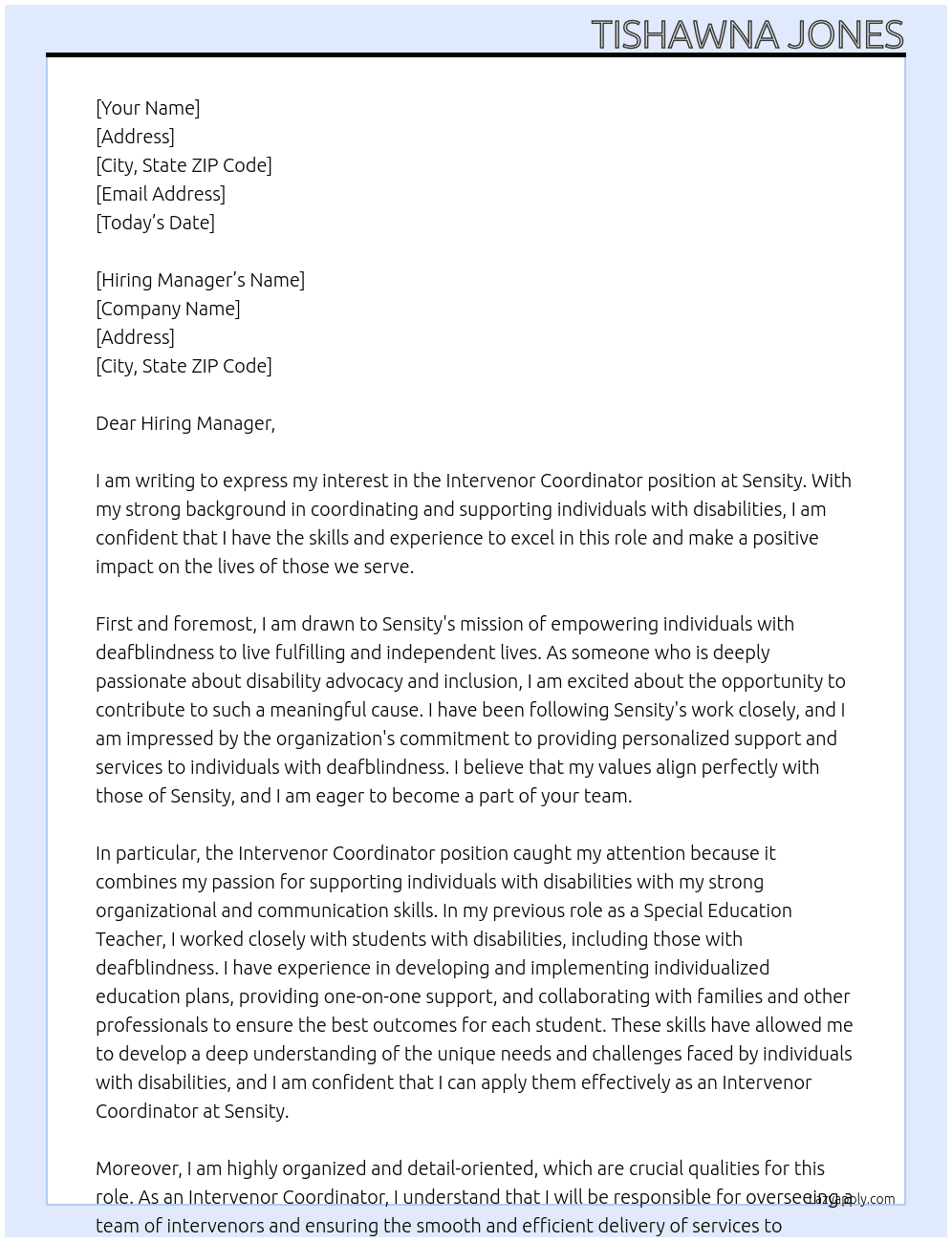 Intervenor coordinator At Sensity Cover Letter
