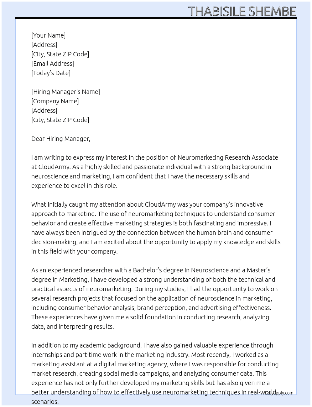 Neuromarketing Research Associate At CloudArmy Cover Letter