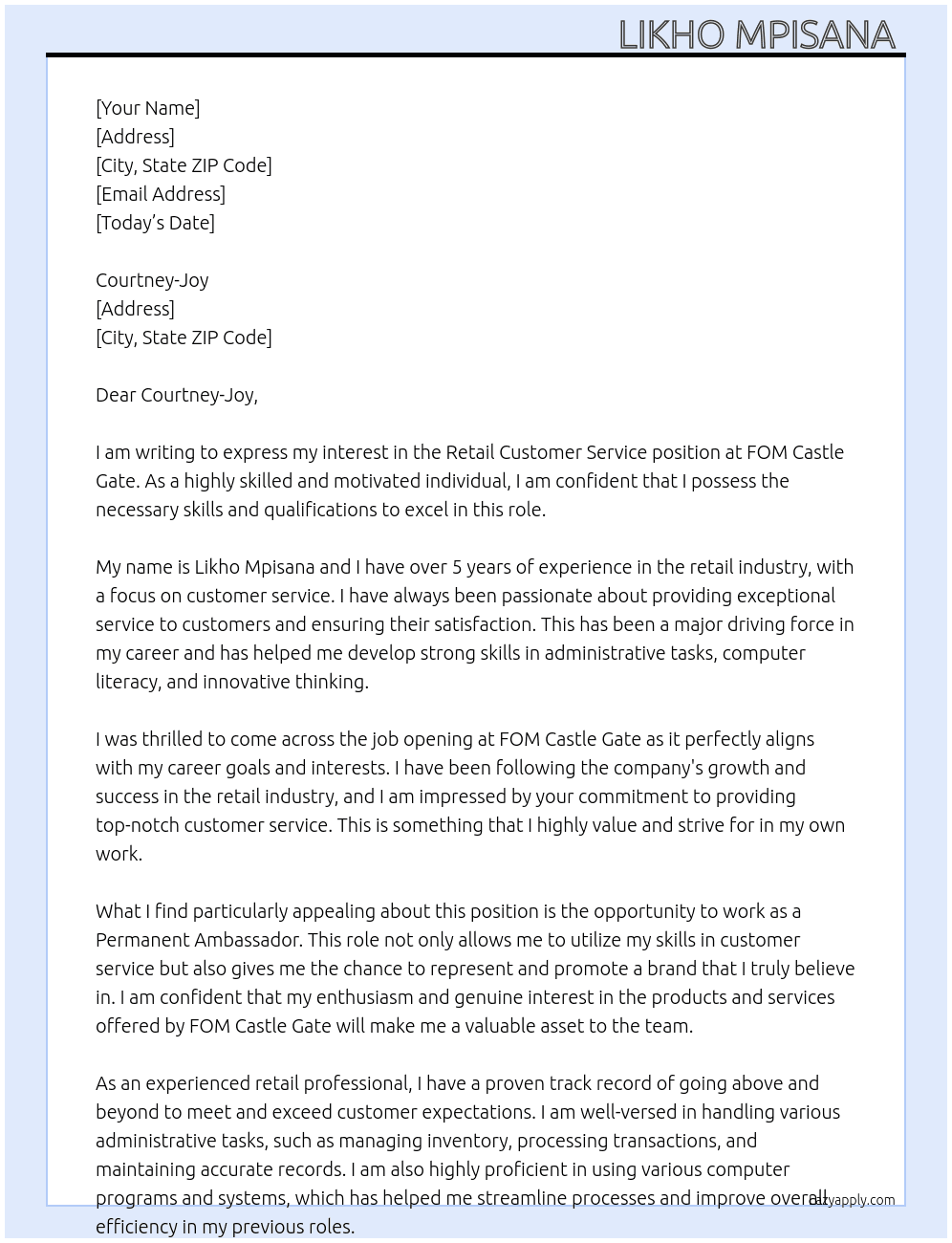 Retail Customer Service  At FOM Castle Gate Cover Letter