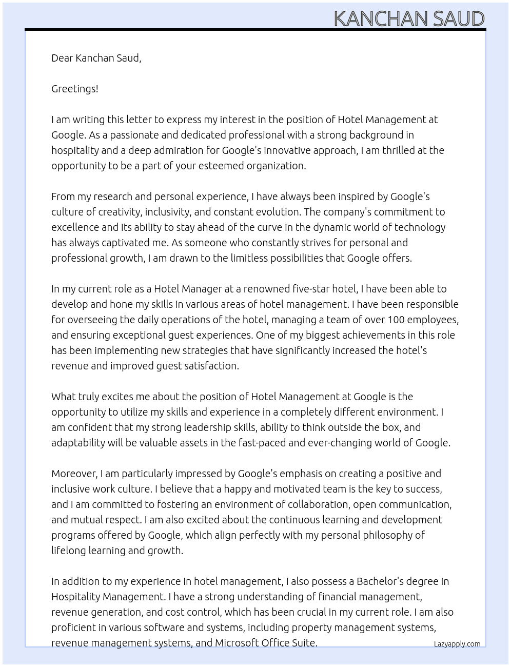 Hotel management  At Google Cover Letter