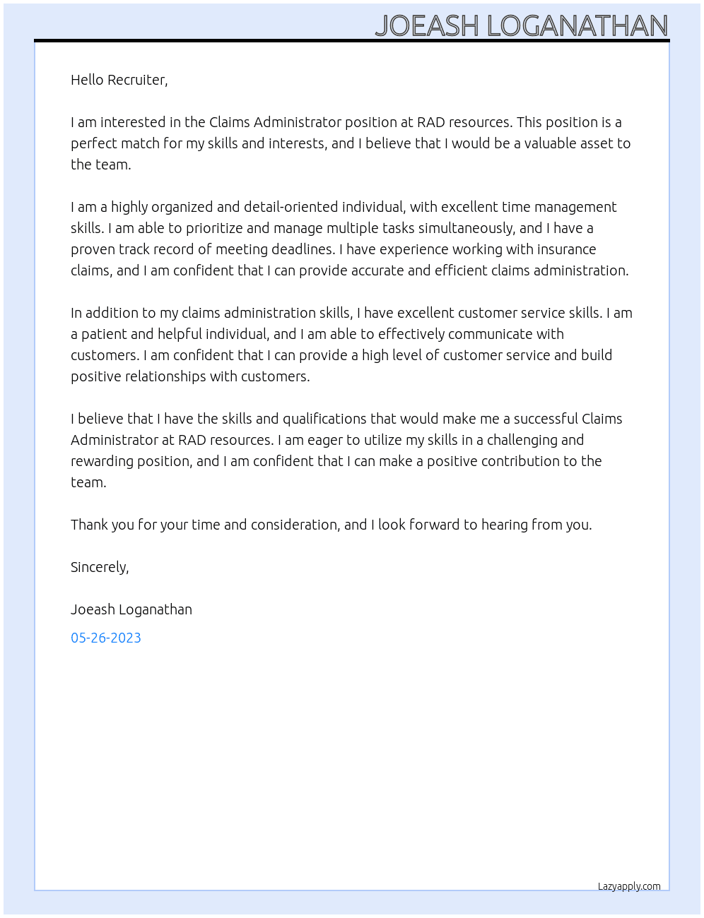 Claims adminstrator At RAD resources Cover Letter