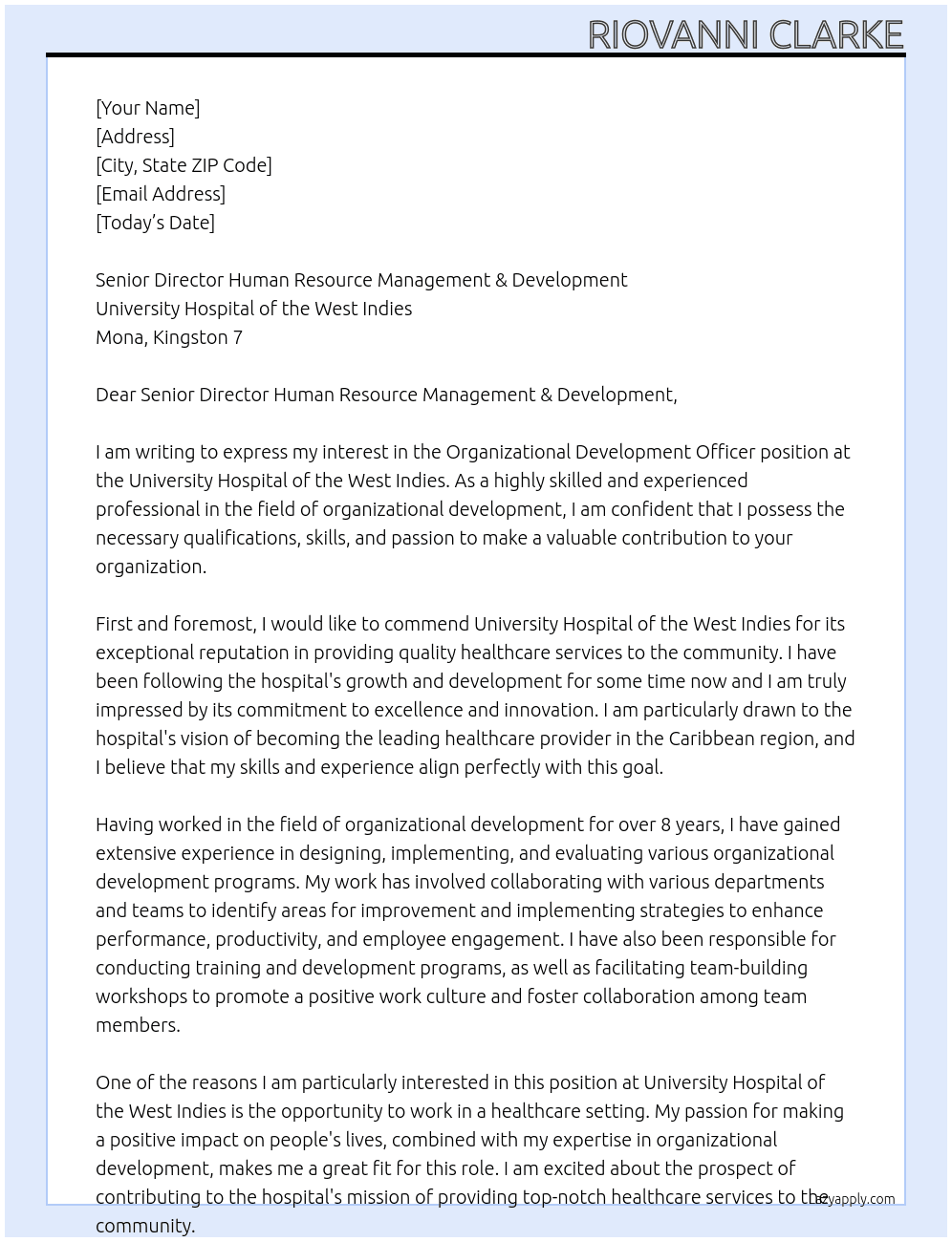 Organizational Development Officer At University Hospital of the West Indies Cover Letter