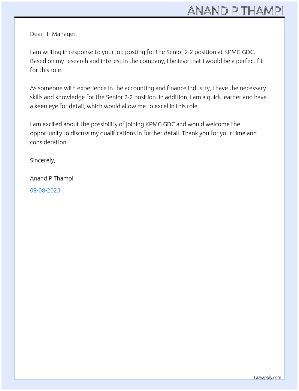 Senior 2-2 At KPMG GDC Cover Letter