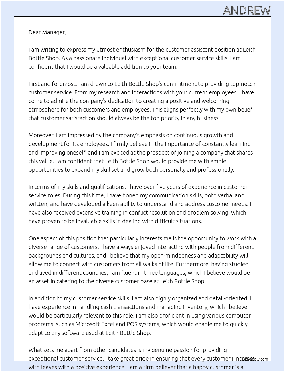 customer assistant  At Leith Bottle Shop Cover Letter