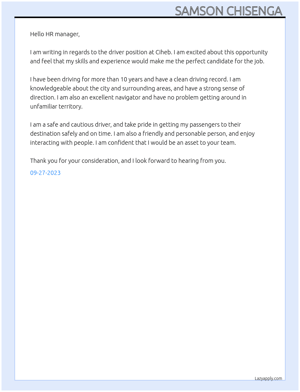 Driver  At Ciheb  Cover Letter