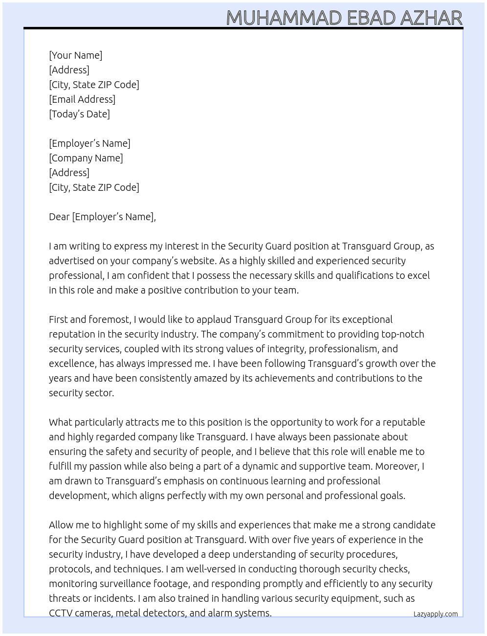 Security guard At Transguard Cover Letter
