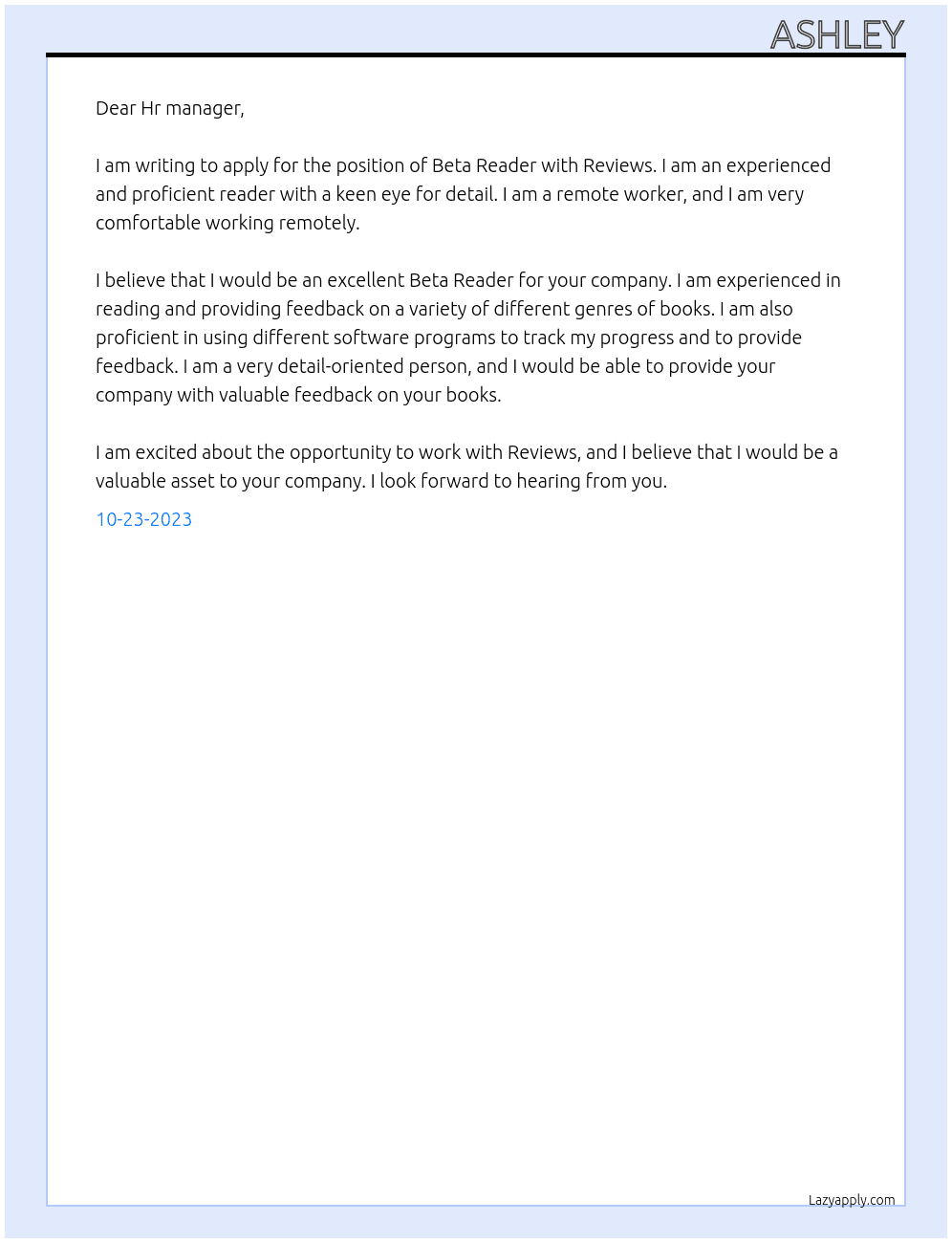 Beta Reader At Reviews Cover Letter