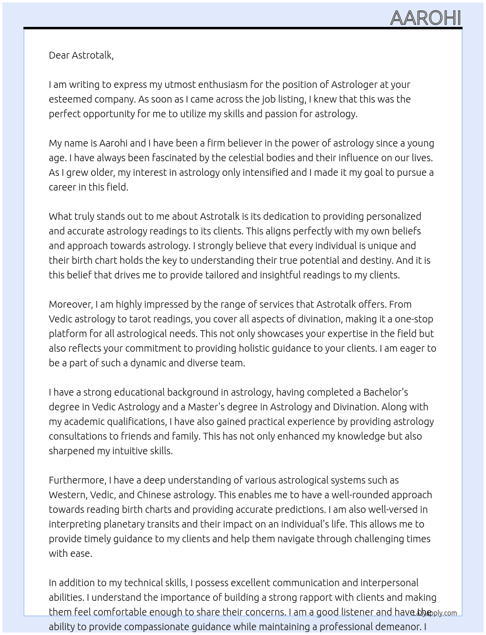 Astrologer  At Astrotalk  Cover Letter
