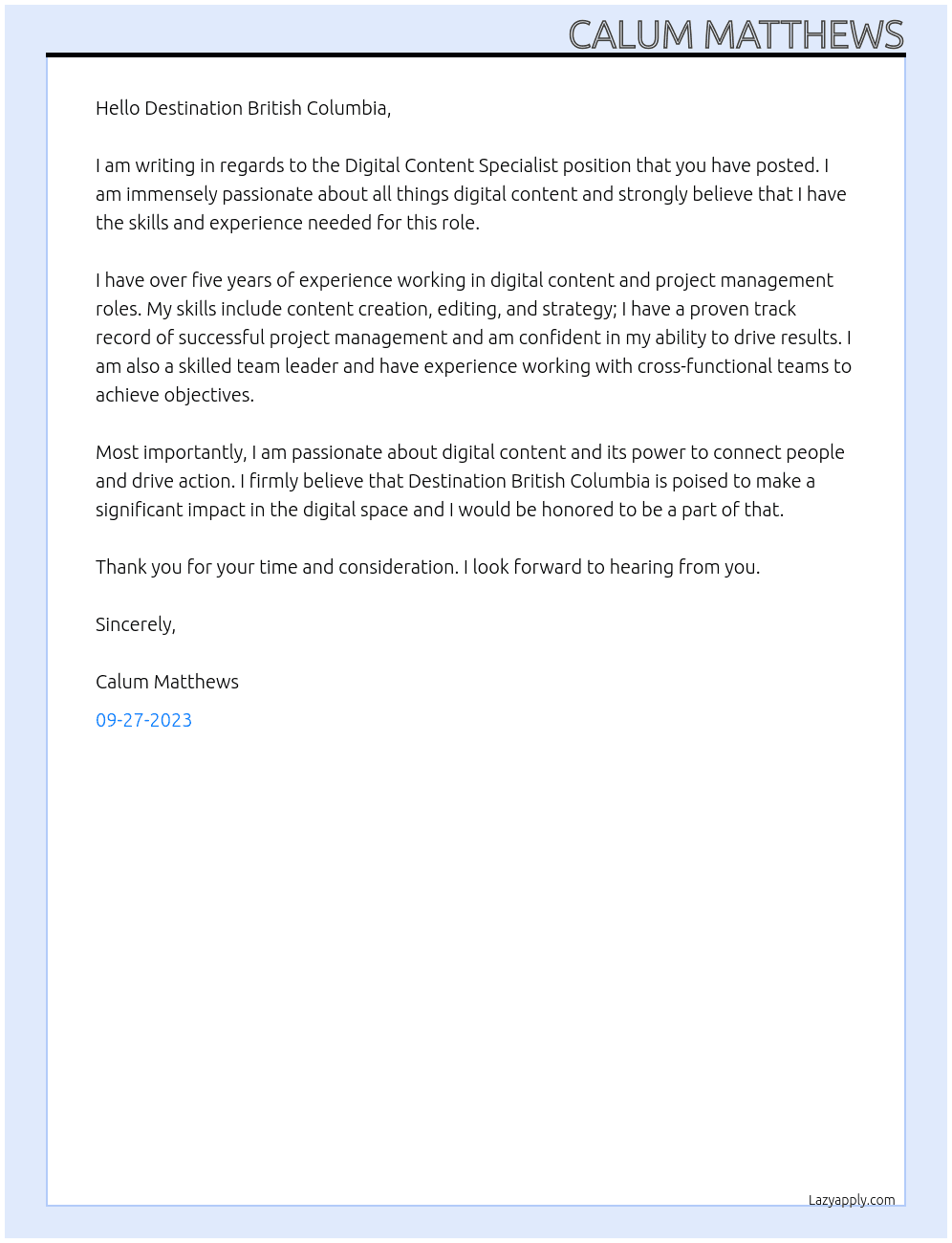 Digital Content Specialist At Destination British Columbia Cover Letter