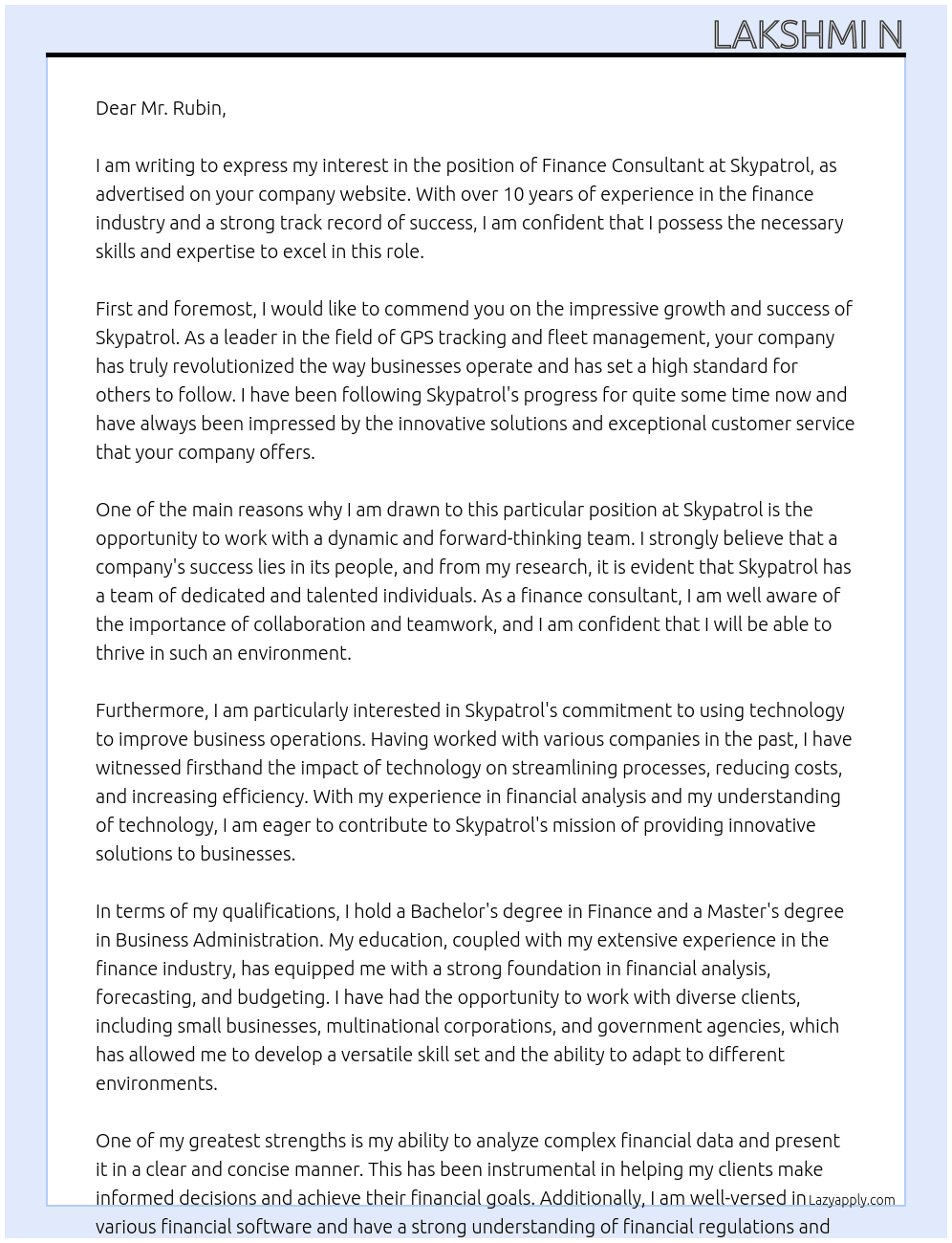 Finance consultant  At Skypatrol  Cover Letter
