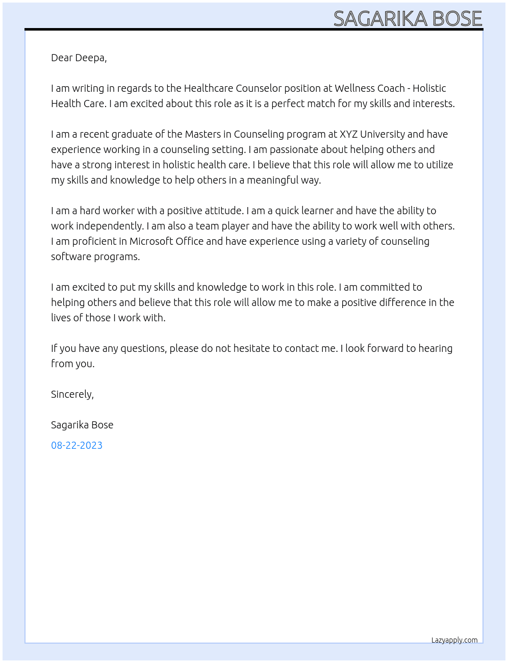 Healthcare Counselor  At Wellness Coach - Holistic Health Care Cover Letter
