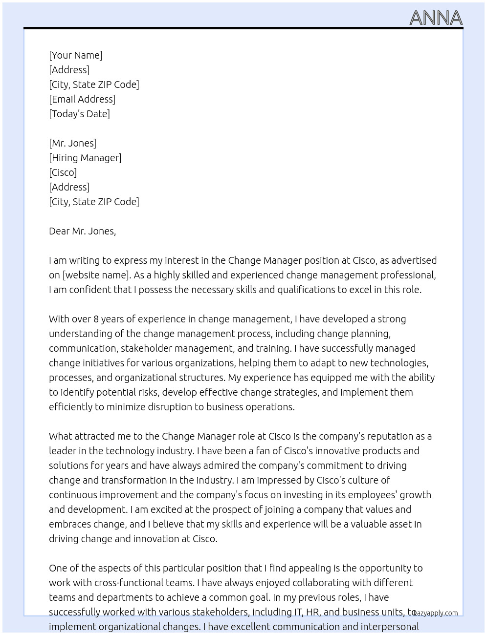 Change Manager At Cisco Cover Letter