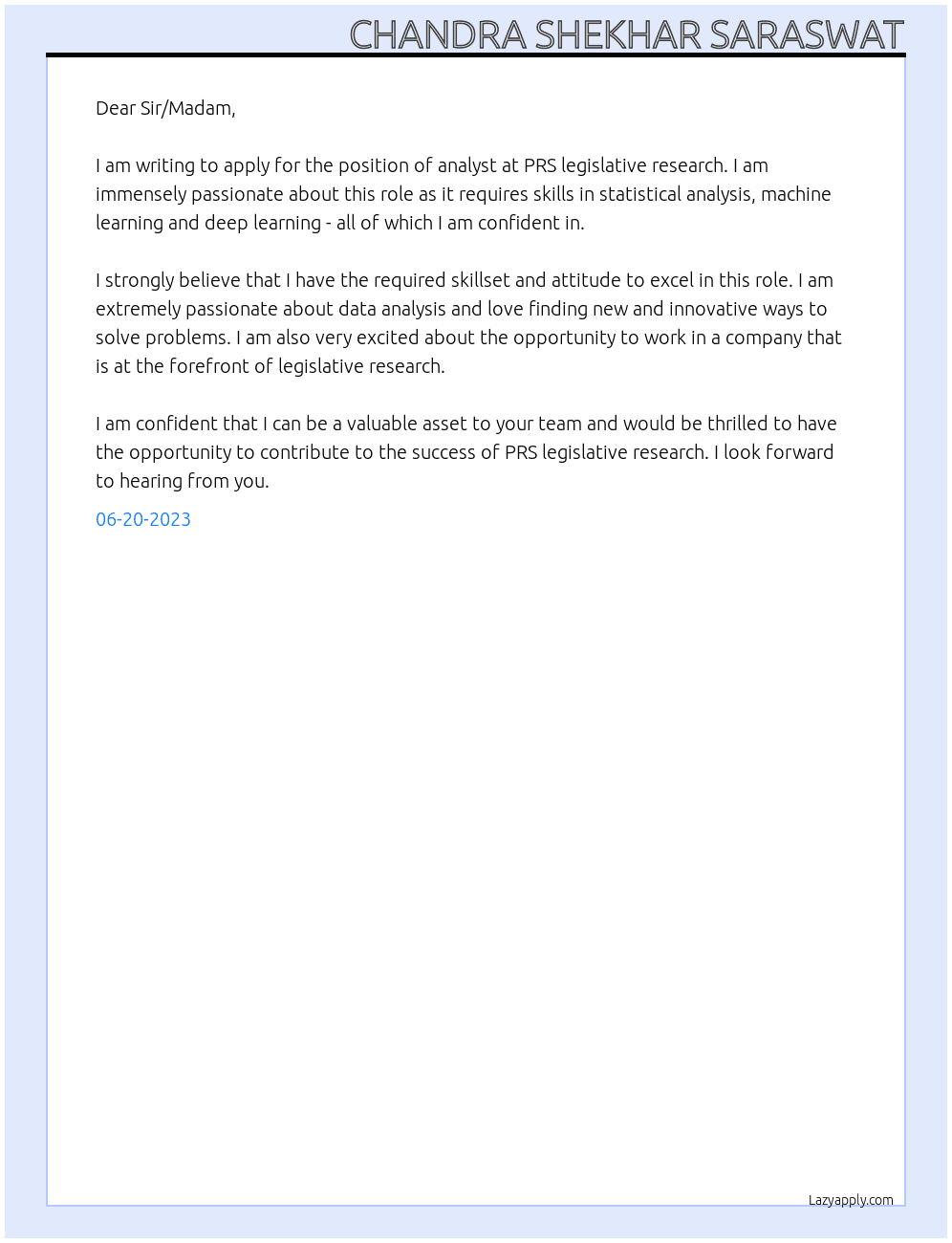 analyst At PRS legislative research Cover Letter