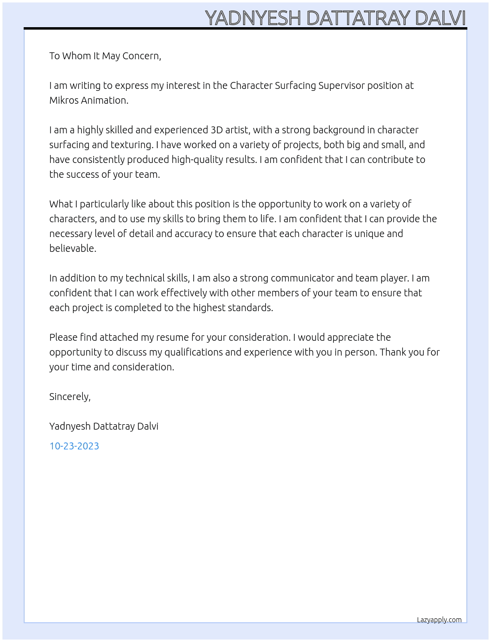 Character Surfacing Supervisor At Mikros Animation Cover Letter