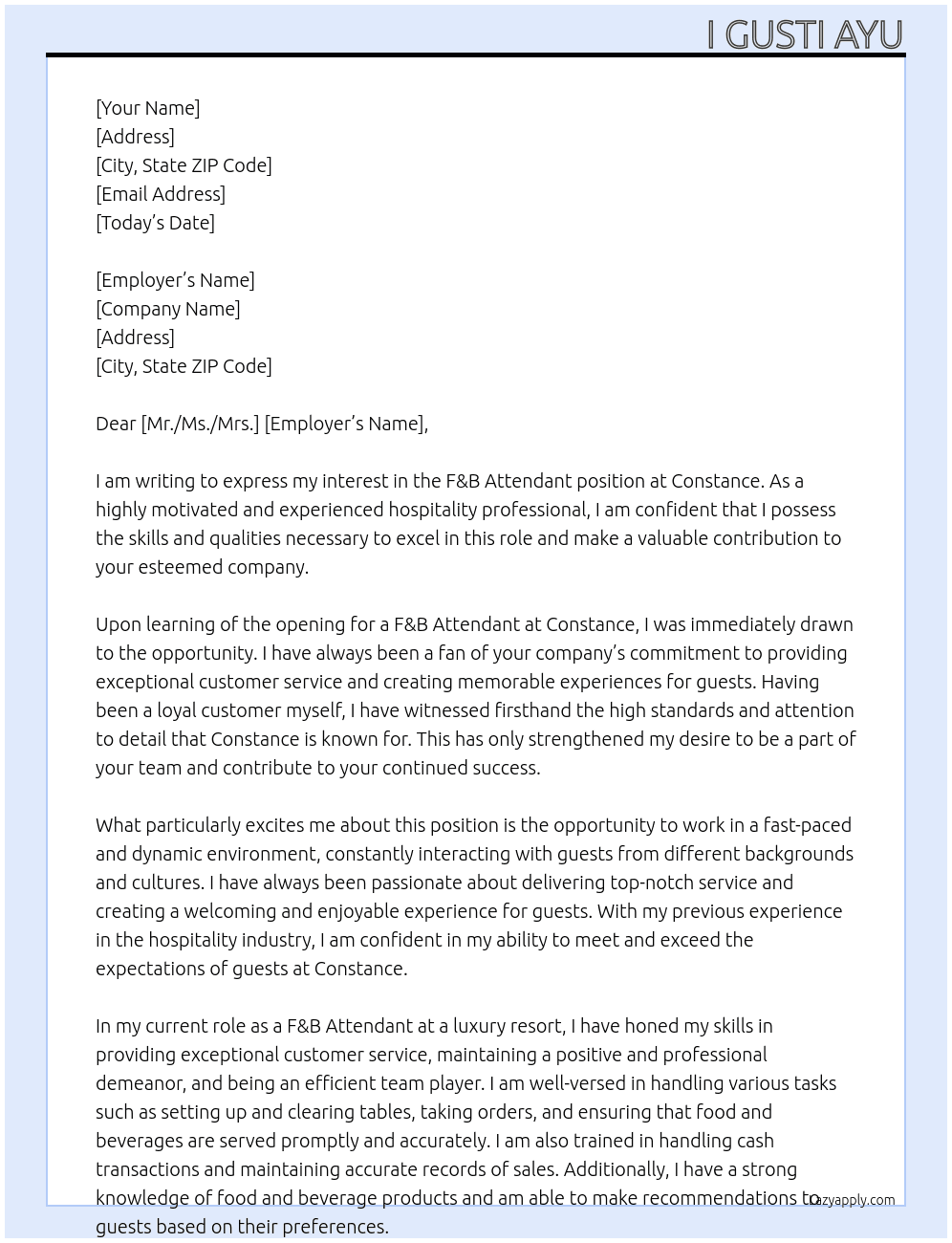 F&b attended At Constance Cover Letter