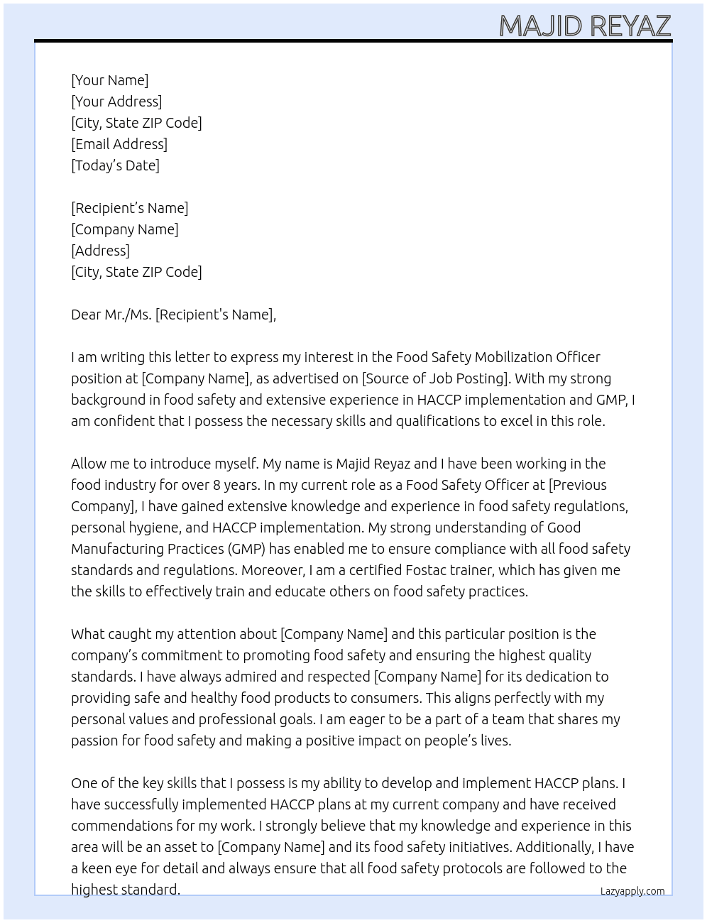 Food safety mobilization officer  At Majid Reyaz Cover Letter