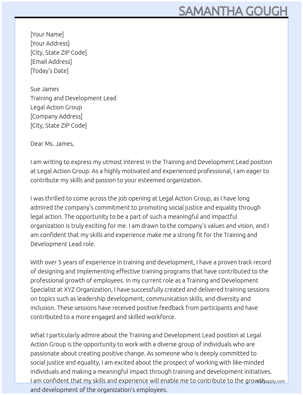 Training and Development Lead At Legal Action Group Cover Letter