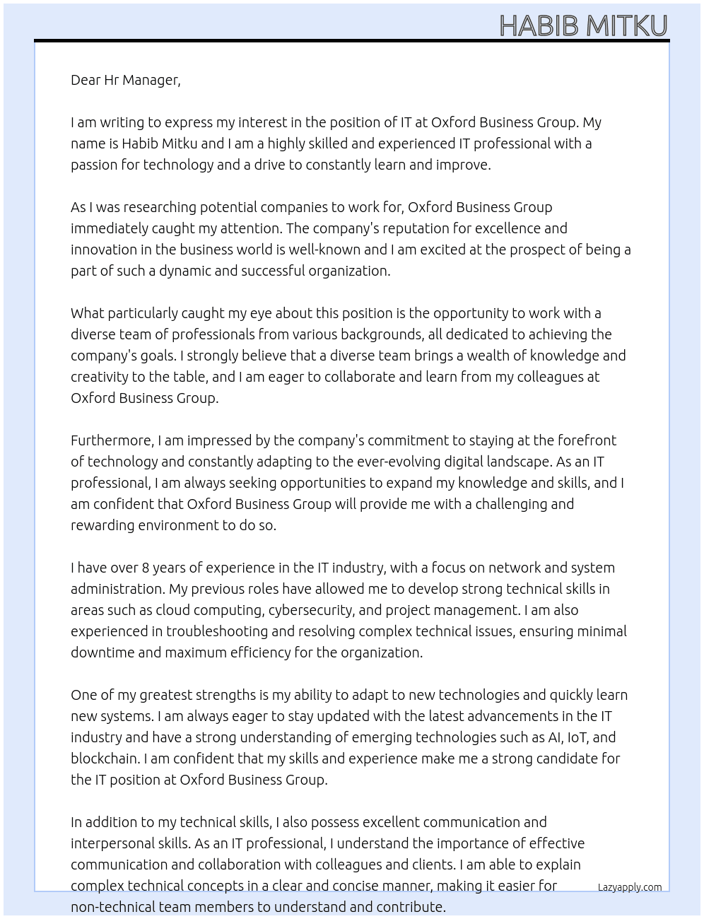 IT At Oxford Business Group Cover Letter