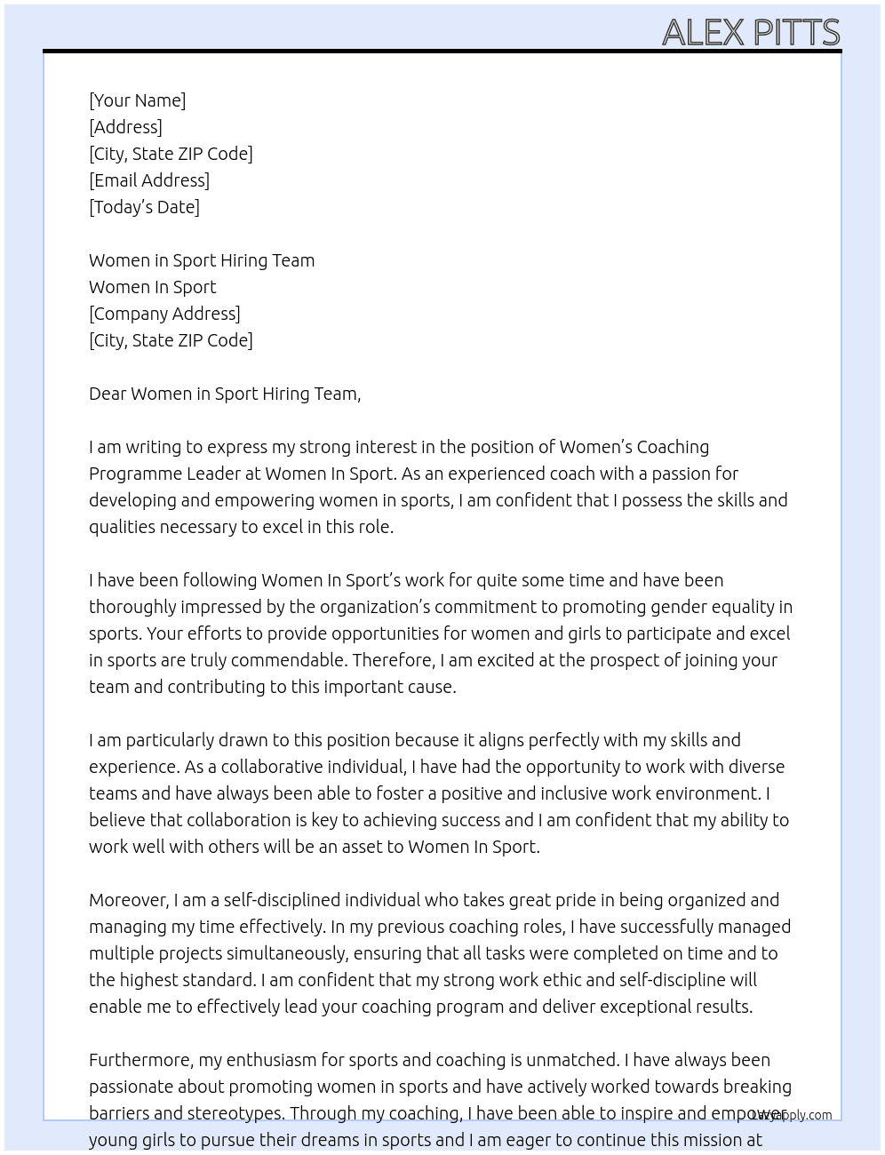 Womens Coaching Programme Leader At Women In Sport Cover Letter