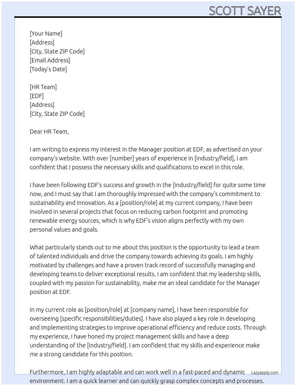 Manager At EDF Cover Letter
