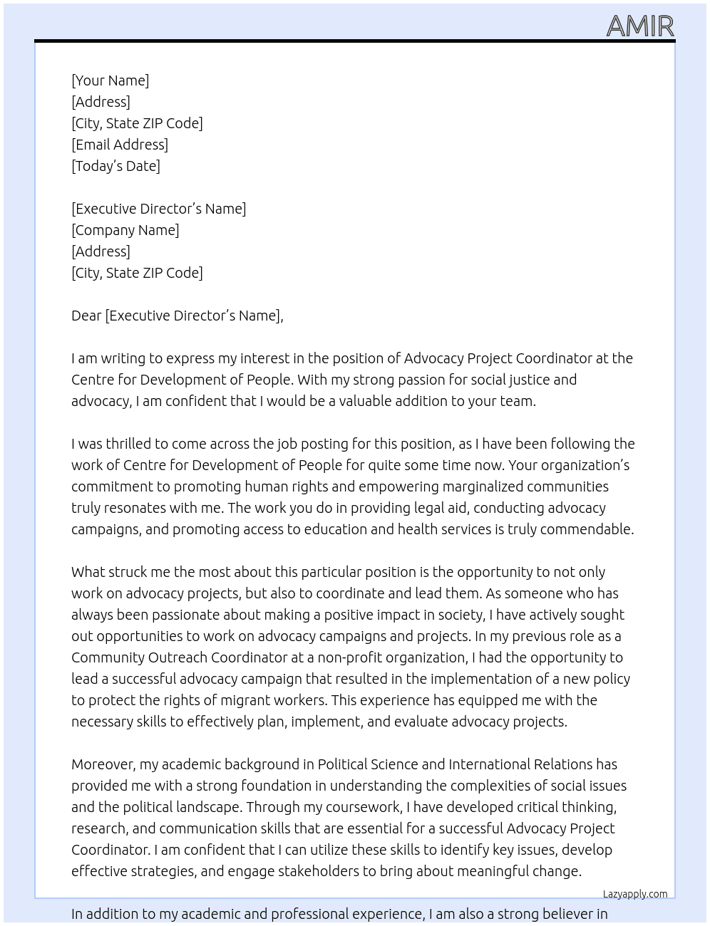 Advocacy Project Coord At Centre for Development of People Cover Letter