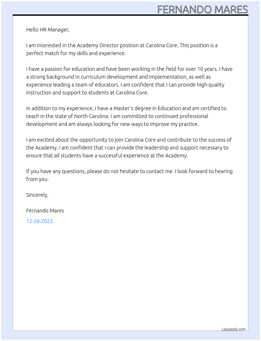 Academy Director At Carolina Core Cover Letter