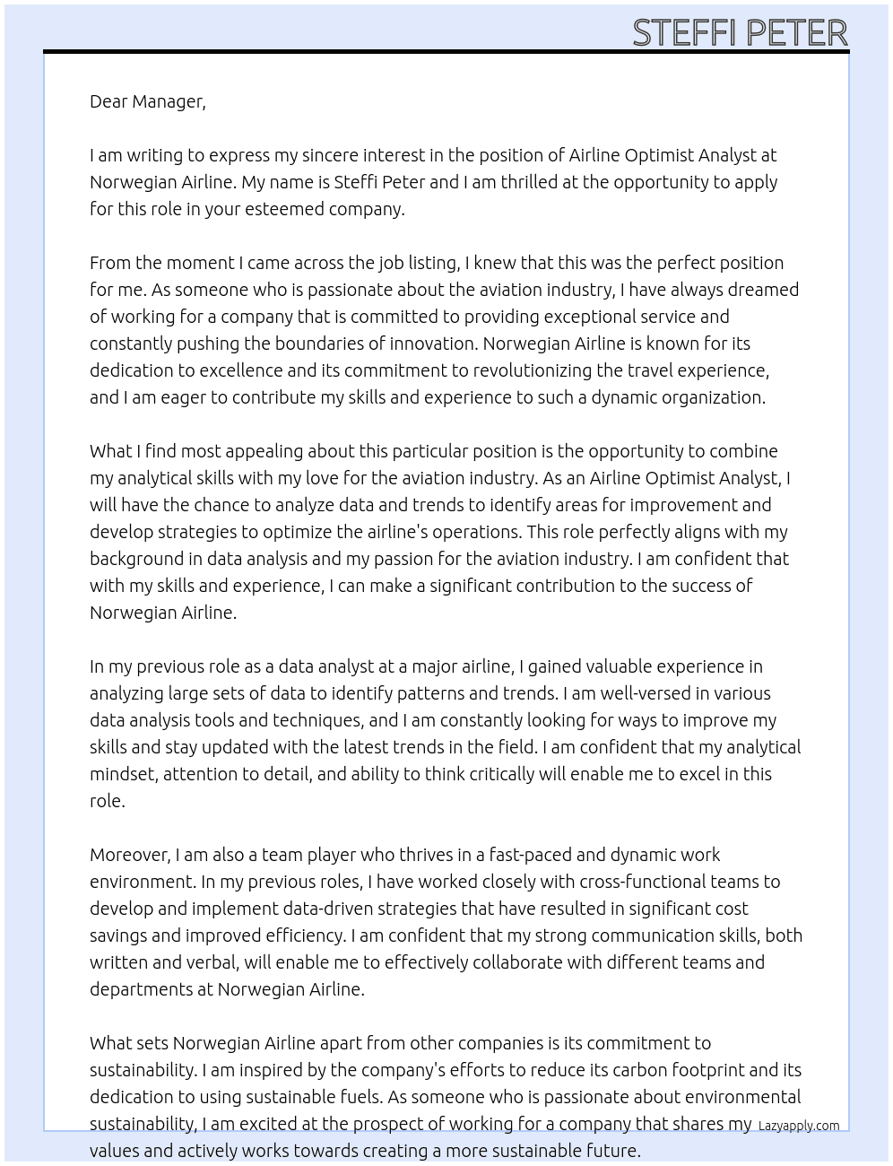 airline optymist analyst At norwegian airline Cover Letter
