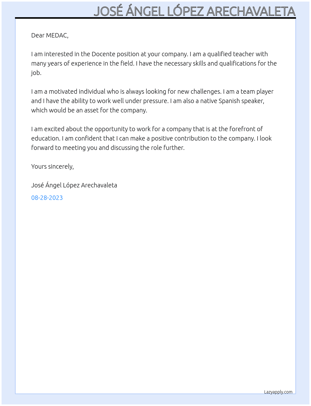 Docente At MEDAC Cover Letter