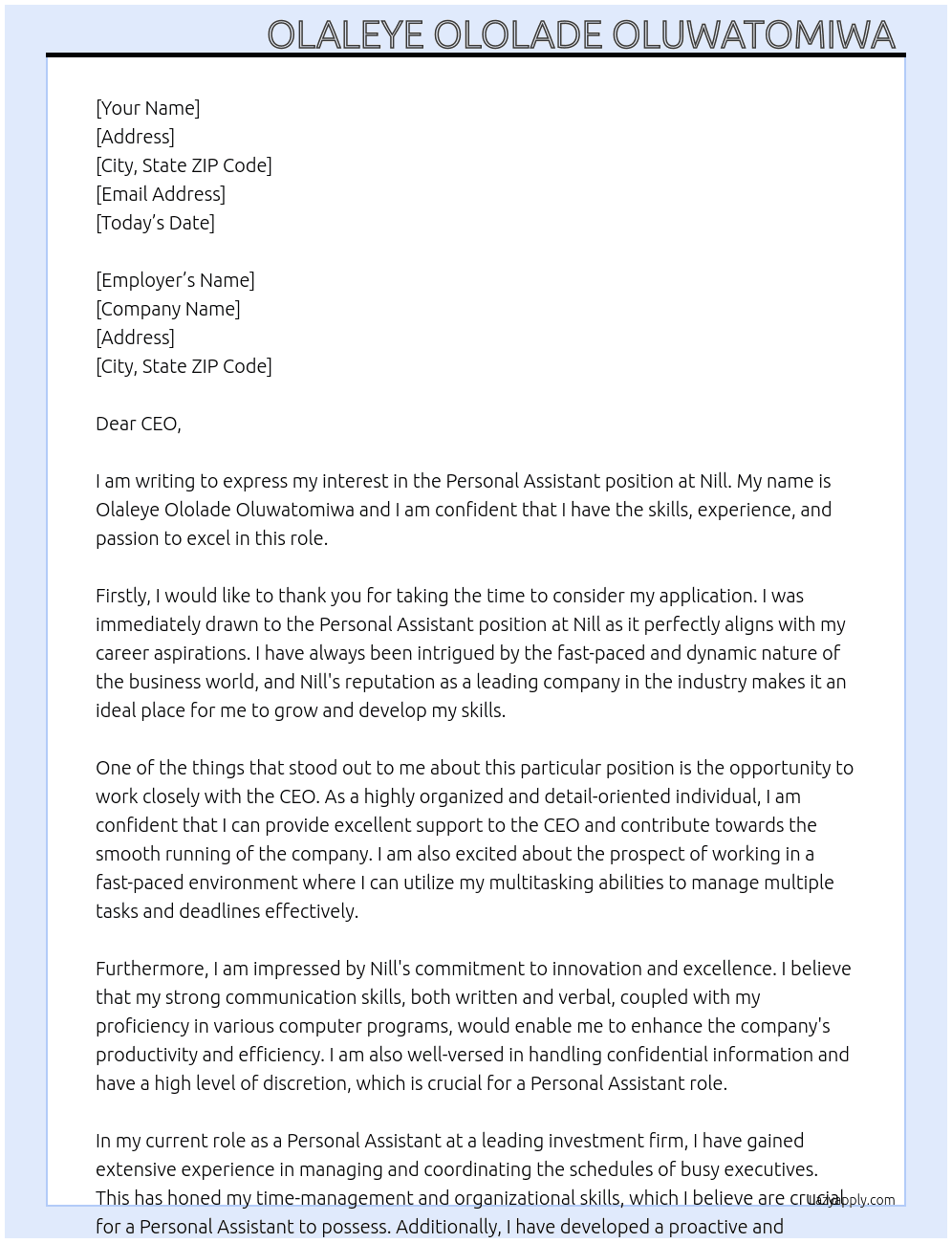 Personal Assistant  At Nill Cover Letter