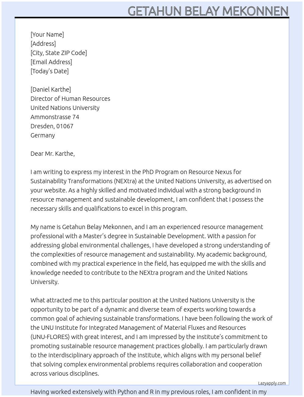 PhD Program on Resource Nexus for Sustainability Transformations (NEXtra) At United Nations University Cover Letter