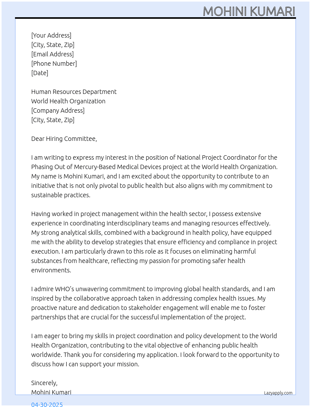 National Project Coordinator, Phasing out of Mercury based medical devices project At WORLD HEALTH ORGANISATION Cover Letter
