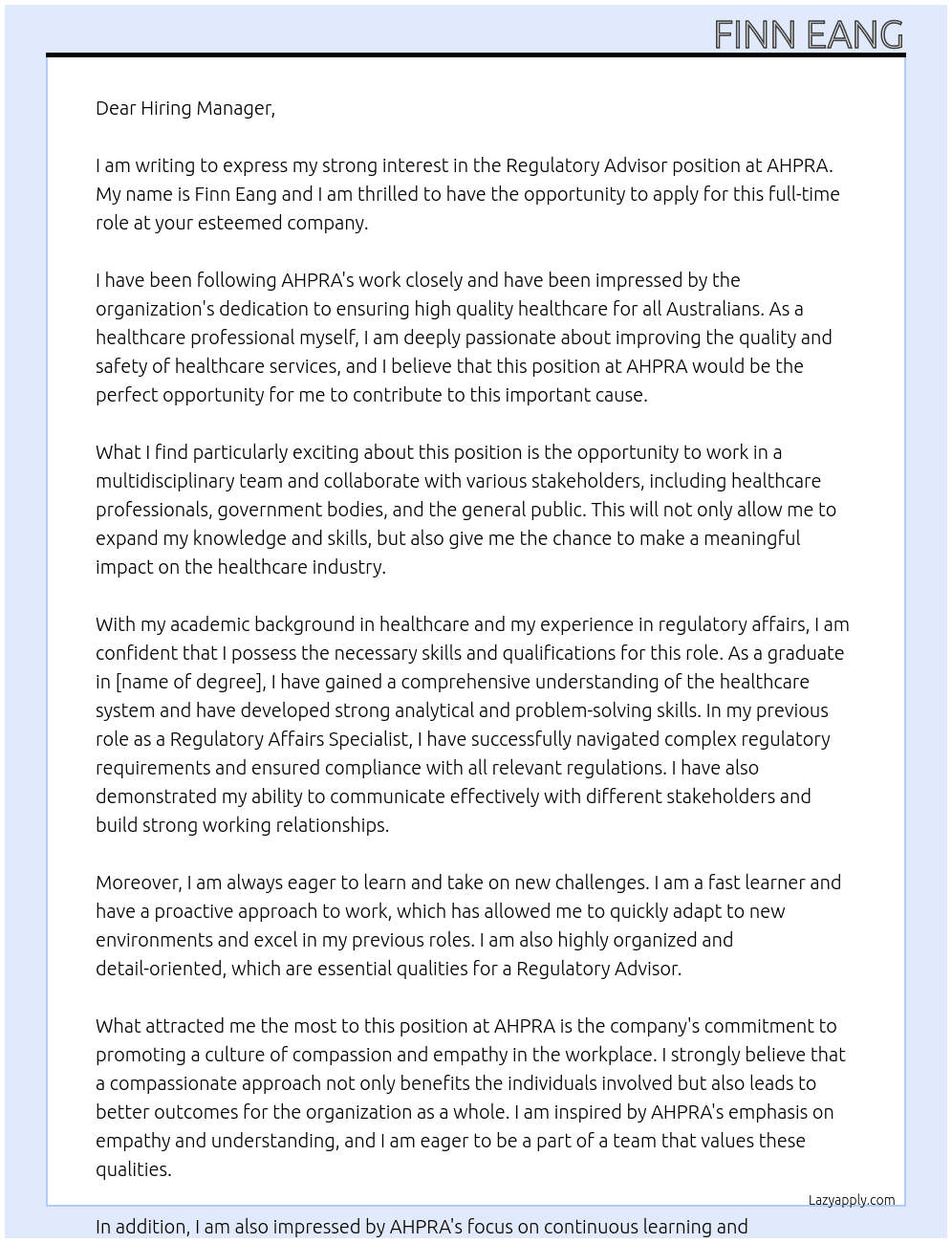 Regulatory Advisor At AHPRA Cover Letter