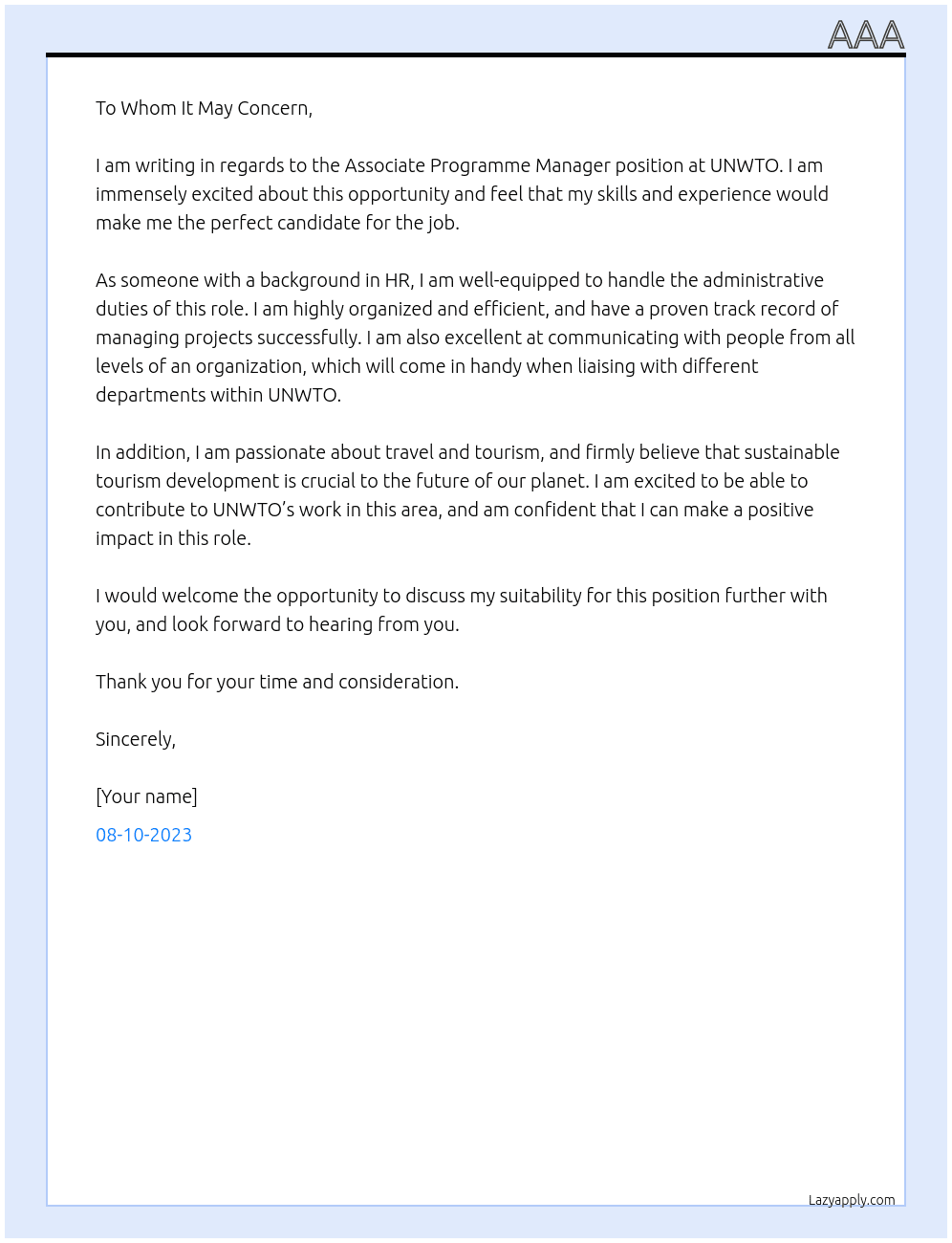 Associate Programme manager At UNWTO Cover Letter
