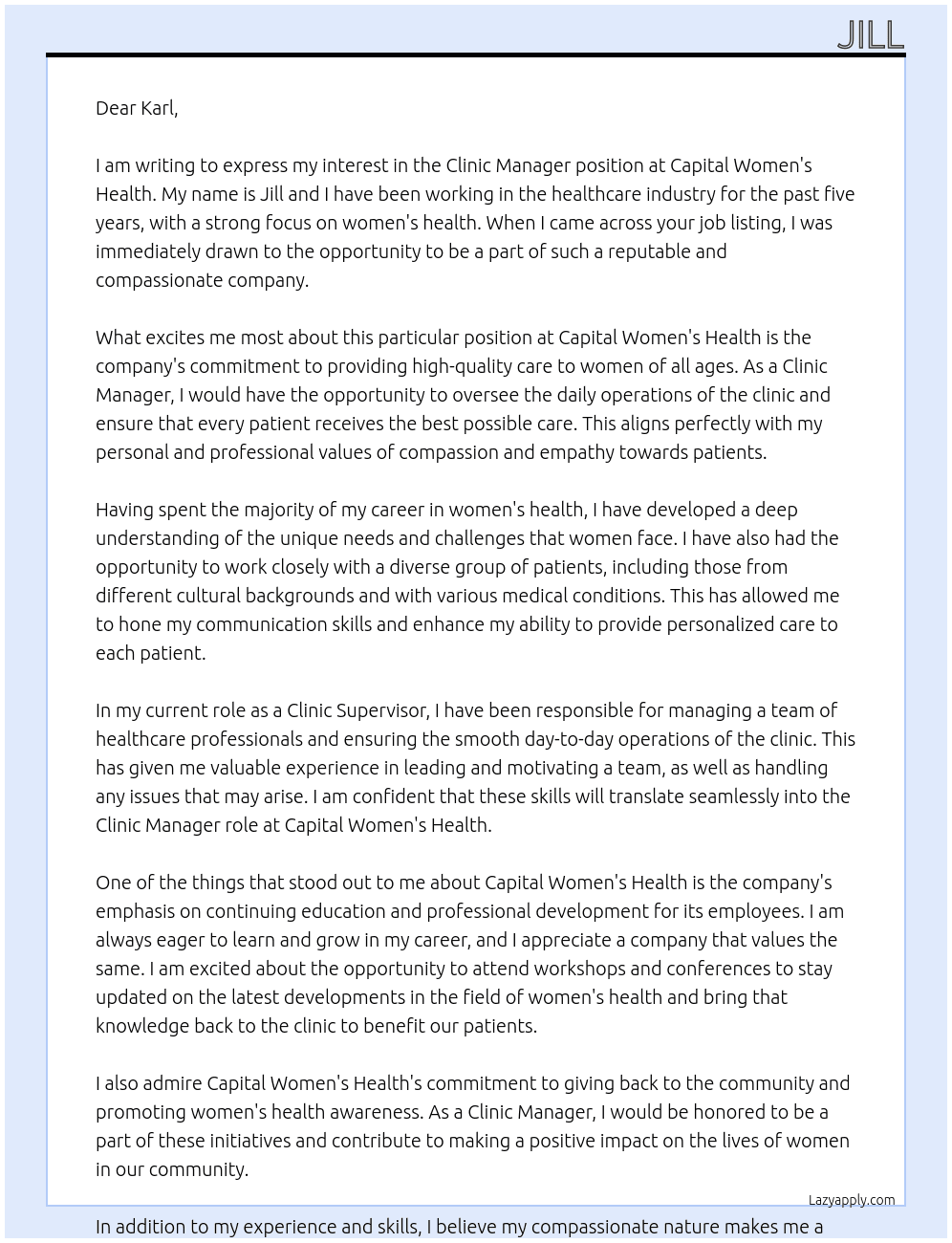 Clinic Manager At Capital women’s health Cover Letter